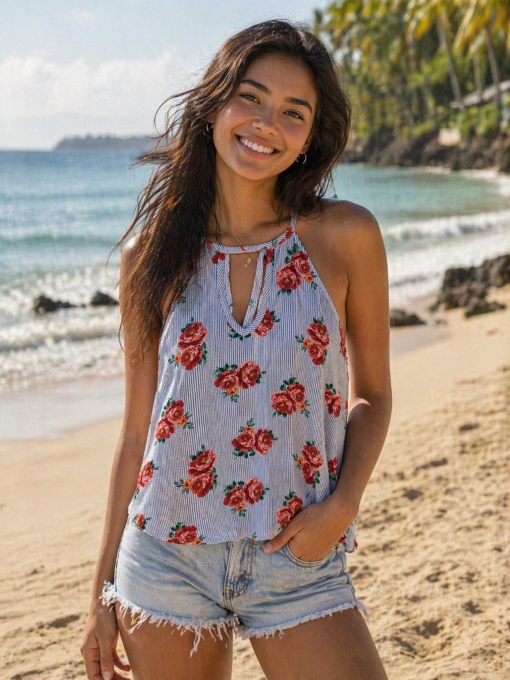 Floral Halter Tank Top in Blue